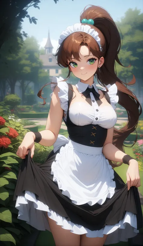 (masterpiece, best quality, very aesthetic, ultra detailed), intricate details, 4k, aajupiter, long hair, ponytail, hair bobbles, green eyes, <lora:sailor_jupiter_XL_v1:0.9>, maid, maid headdress, underbust, smile, garden, skirt hold,