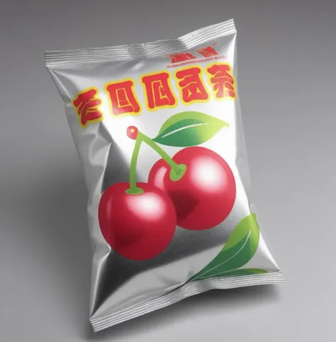 Capture a high-resolution image of a cherry juice pouch made from aluminum foil. The pouch should be the focal point, placed against a neutral background to emphasize its colors and design. The aluminum foil should have a slight reflective quality, capturing the ambient light to highlight the product's packaging. The cherry juice's branding and nutritional information should be clearly visible and in focus. The lighting should be soft but directional, aimed to create subtle shadows that add depth to the pouch. The color scheme should be vibrant, emphasizing the red and pink hues associated with cherry juice. The overall composition should be simple yet engaging, drawing the viewer's eye directly to the product. Use a shallow depth of field to blur the background, making the aluminum foil pouch stand out. Aim for a realistic style, with attention to detail in the pouch's material and printed information.,<lora:twdrink:0.6>