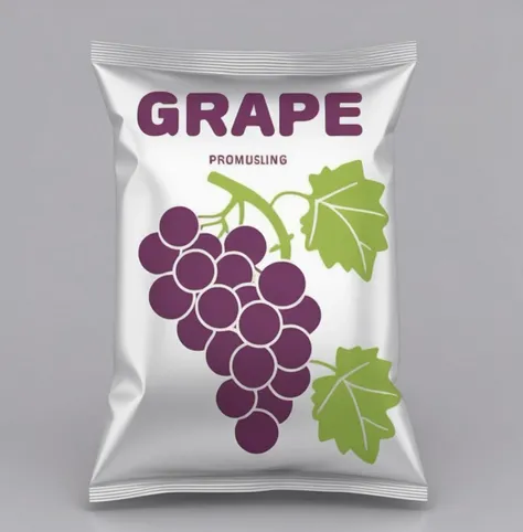 A close-up shot of a foil bag containing grapes, set against a neutral background. The bag is designed in a minimalist vector art style, featuring simplified grape illustrations and the words "Grape Juice" prominently displayed. The foil material of the bag reflects the ambient light, adding a metallic sheen that contrasts with the matte finish of the printed design. The color scheme is focused on purples and greens to match the grape theme. The lighting is soft but focused, highlighting the text and grape illustrations on the bag. The overall composition aims for a clean, modern aesthetic. Use photo hyper-realism, highly detailed, and high-resolution 16k,<lora:twdrink:0.6>