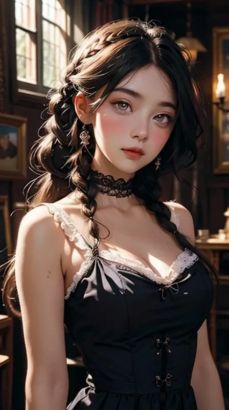 Girl, purple eyes, heart-shaped pupils, long hair, braids, Victorian maid dress, seductive pose, dainty look, obvious blush, shy expression,
Cinematography Lighting, Moody Lighting, HDR,UHD,8K, Best quality, Masterpiece, Highly detailed, ultra-fine painting, Extreme detail description, looking at the viewer,,<lora:ç»çå
å½±_ Niji Pretty_v2.0:0.6>,venom,