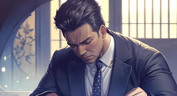 masterpiece,best quality,highres,cinematic lighting,dramatic angle,<lora:ShadowverseRaioV3-000048:0.8> ,1man,matrue male,black hair,dark skinjewelry,beads,blue robe,sleeping,purple suit,white shirt,tie,mouri kogoro