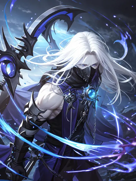 masterpiece,best quality,highres,cinematic lighting,dramatic angle,<lora:ShadowverseRulenyeV3-000045:0.8>  ,1boy,white hair,long hair,blue theme,armor,long robe,muscular,scythe,armor,mask,sad,cowboy shot,holding weapon,sad,looking at viewer,portrait,torn cape,clothing cutout,purple eyes,blue fire,skull,black clouds,gauntlets,gloves,close-up,bare shoulders,painful,bare arms,close-up,pale skin,depth of field,phantom,ghost,close-up,single pauldron