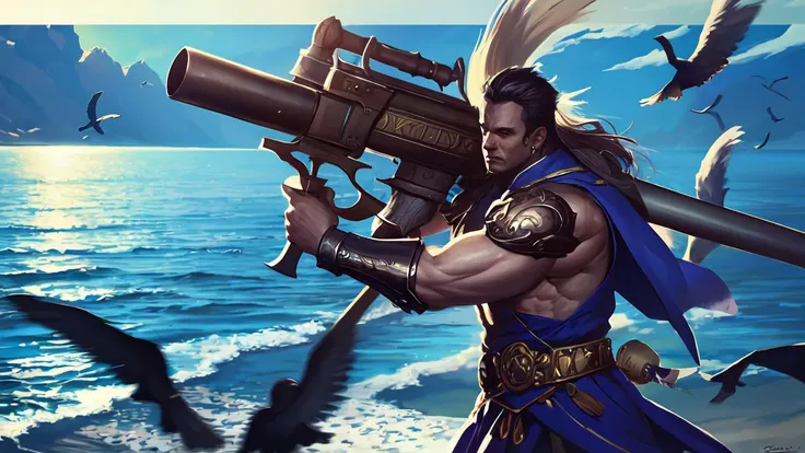 masterpiece,best quality,highres,cinematic lighting,dramatic angle,<lora:ShadowverseRaioV3-000048:0.8> ,1man,matrue male,black hair,dark skin,topless,armor,gauntlets,detached collar,jewelry,beads,blue robe,sea,holding rocket launcher,pigeons,from side,muscular,sash