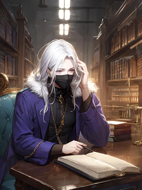 masterpiece,best quality,highres,cinematic lighting,dramatic angle,<lora:ShadowverseRulenyeV3-000045:0.8>,1boy,mature male,in library,earphones,thick cotton hat,fur trim,coat,reading,books,shelves,table,sitting on chair,purple eyes,pale skin,white hair,close-up,mask,tired,hand supporting own cheek,from side,close-up,jewelry,chain
