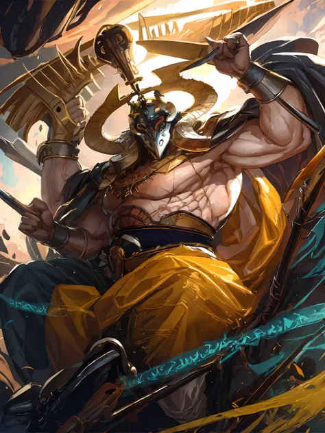 masterpiece,best quality,highres,cinematic lighting,dramatic angle,<lora:ShadowverseMarwynnV4-000018:0.8> ,1man,muscular,(helmet,mask,covered face,covered mouth:1.2),black pants,topless,cape,ribbons,looking at viewer,shrine,sitting,pointing at viewer,magic,runes,floating objects,spears,close-up,portrait