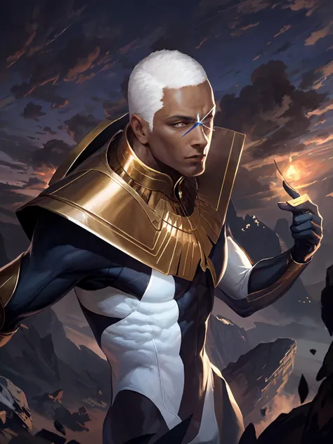 masterpiece,best quality,highres,cinematic lighting,dramatic angle,<lora:ShadowverseMjerrabaineV3-000045:0.8> ,1boy,mature male,muscular,white hair,bald,eyepatch,holding weapon,greatsword,bodysuit,collar,mountains,cliff,floating rocks,looking at viewer,glowing eyes,blue eyes,one eye covered,portrait,gauntlets,wristband,gold-trimmed,facial mark,dark skin,ribbon,cape,cowboy shot,magic,glowing,standing,serious,(depth of field:1.1)