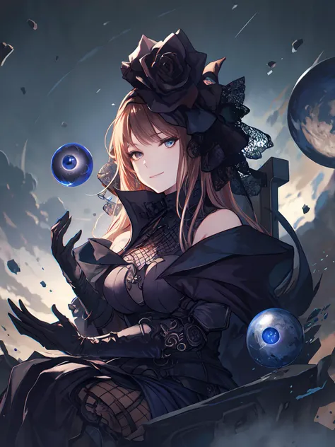 masterpiece,best quality,highres,cinematic lighting,dramatic angle,<lora:ShadowverseGilneliseV3-000048:0.8> ,1girl,brown hair,hair flower,black headwear,black dress,black gloves,fishnets,looking at viewer,smile,black dark magic orb,dark dust,dark wind,darkness,seductive pose,gauntlets,cleavage,bare shoulders,veil,sitting,throne,portrait,magic,close-up,grey eyes,black Divination crystal,evil smile,shaded face