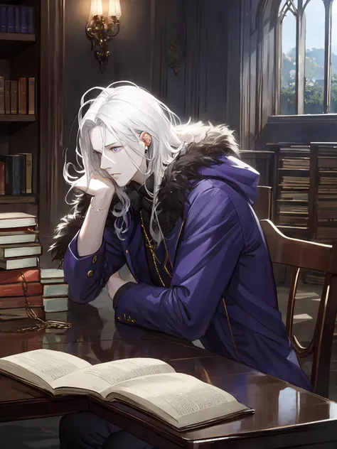 masterpiece,best quality,highres,cinematic lighting,dramatic angle,<lora:ShadowverseRulenyeV3-000045:0.8>,1boy,mature male,in library,earphones,thick cotton hat,fur trim,coat,reading,books,shelves,table,sitting on chair,purple eyes,pale skin,white hair,close-up,mask,tired,hand supporting own cheek,from side,close-up,jewelry,chain,digital media player
