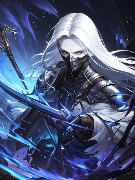 masterpiece,best quality,highres,cinematic lighting,dramatic angle,<lora:ShadowverseRulenyeV3-000045:0.8>  ,1boy,white hair,long hair,blue theme,armor,long robe,muscular,scythe,armor,mask,sad,cowboy shot,holding weapon,sad,looking at viewer,portrait,torn cape,clothing cutout,purple eyes,blue fire,skull,black clouds,gauntlets,gloves,close-up,bare shoulders,painful,bare arms,close-up,pale skin,depth of field,phantom,ghost,close-up