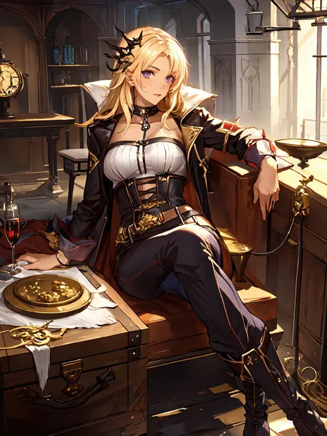 masterpiece,best quality,highres,cinematic lighting,dramatic angle,<lora:ShadowverseOctriceV3-000042:0.8>  ,1girl,blonde hair,dark skin,tank top,suspenders,black jacket,choker,hair ornament,belt,pants,asymmetrical legwear,clothing cutout,gloves,gold-trimmed,purple eyes,close-up,sitting,throne,coins,drinking wine with a golden cup,treasure chest,treasure