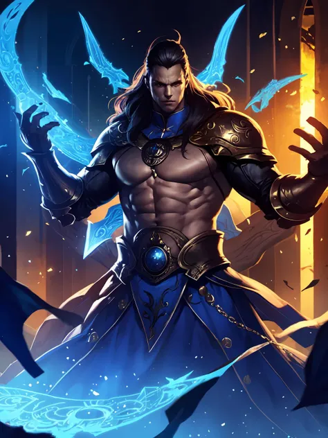 Eldran is a striking figure, standing at 6'3" with a muscular yet agile build, a testament to his rigorous training and divine blessing. His hair is a dark brown, kept short and practical for battle, while his eyes are a piercing blue, often said to reflect the clarity and depth of his faith. His skin is weathered, bearing the marks and scars of countless battles against the undead and other dark creatures.

He wears a distinctive set of armor, gleaming with a holy aura. The armor is intricately designed with symbols of Arkay, featuring silver and gold accents that catch the light, giving him an almost ethereal appearance. A long, flowing blue cape, trimmed with gold, drapes from his shoulders, bearing the emblem of Arkay on its back.