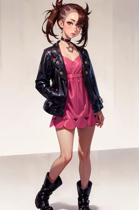<lora:shoe:1> brown eyes, brown hair, long hair, <lora:marnie_outfit:1> marnie_outfit, dress, pink dress, jacket, black jacket, open jacket, boots, ankle boots, black footwear, choker, black choker, collar,, absurdres, ultra detailed, masterpiece, best quality, aesthetic, detailed,