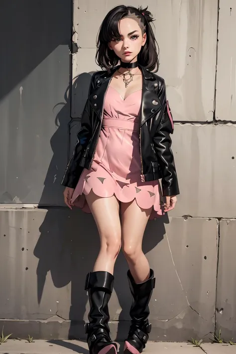(masterpiece, best quality), 1girl, <lora:marnie_outfit:1> marnie_outfit, dress, pink dress, jacket, black jacket, open jacket, boots, ankle boots, black footwear, choker, black choker, collar