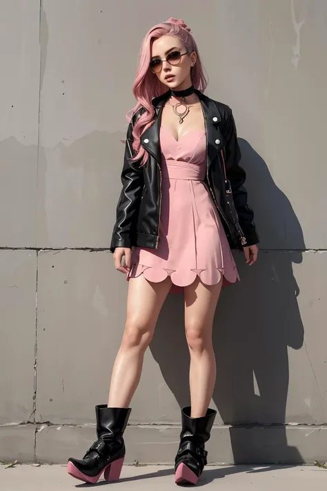 (masterpiece, best quality), 1girl, <lora:marnie_outfit:1> marnie_outfit, dress, pink dress, jacket, black jacket, open jacket, boots, ankle boots, black footwear, choker, black choker, collar