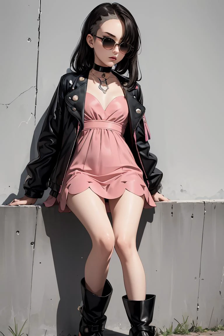 (masterpiece, best quality), 1girl, <lora:marnie_outfit:1> marnie_outfit, dress, pink dress, jacket, black jacket, open jacket, boots, ankle boots, black footwear, choker, black choker, collar