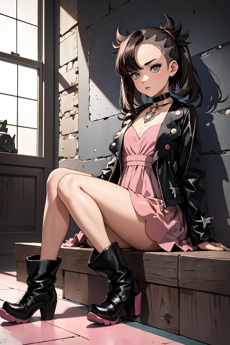 (masterpiece, best quality), 1girl,   <lora:marnie_outfit:1> marnie_outfit, dress, pink dress, jacket, black jacket, open jacket, boots, ankle boots, black footwear, choker, black choker, collar