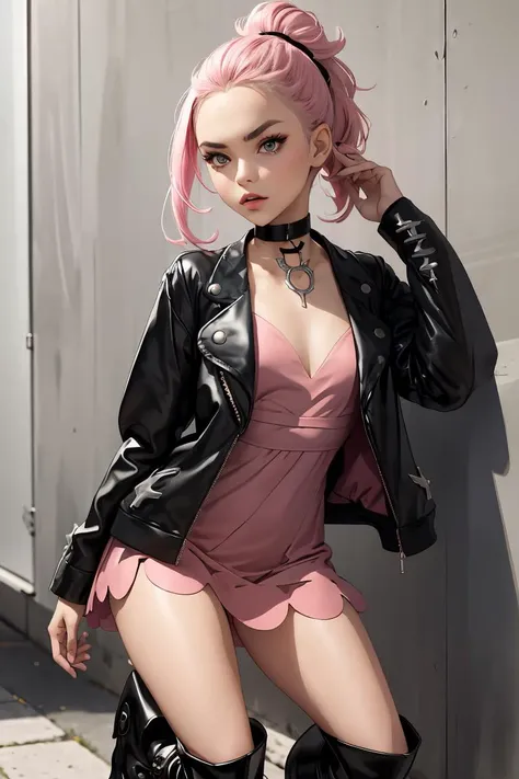 (masterpiece, best quality), 1girl, <lora:marnie_outfit:1> marnie_outfit, dress, pink dress, jacket, black jacket, open jacket, boots, ankle boots, black footwear, choker, black choker, collar