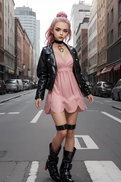(masterpiece, best quality), 1girl, <lora:marnie_outfit:1> marnie_outfit, dress, pink dress, jacket, black jacket, open jacket, boots, ankle boots, black footwear, choker, black choker, collar