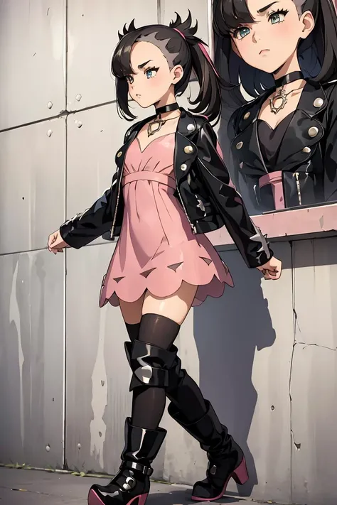 (masterpiece, best quality), 1girl, <lora:marnie_outfit:1> marnie_outfit, dress, pink dress, jacket, black jacket, open jacket, boots, ankle boots, black footwear, choker, black choker, collar