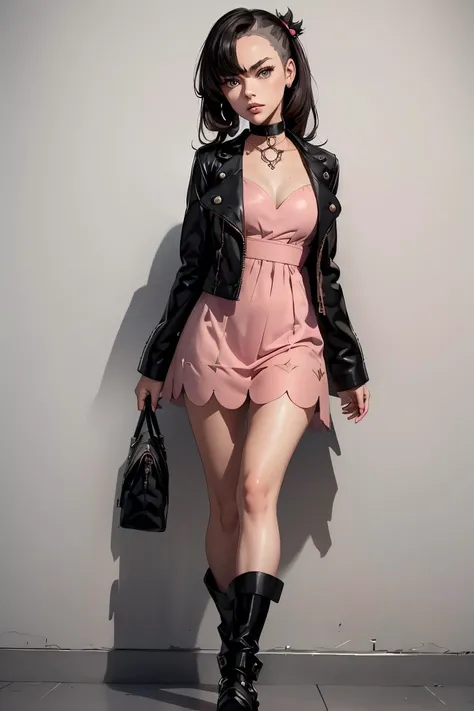 (masterpiece, best quality), 1girl, <lora:marnie_outfit:1> marnie_outfit, dress, pink dress, jacket, black jacket, open jacket, boots, ankle boots, black footwear, choker, black choker, collar