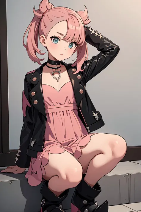 (masterpiece, best quality), 1girl, <lora:marnie_outfit:1> marnie_outfit, dress, pink dress, jacket, black jacket, open jacket, boots, ankle boots, black footwear, choker, black choker, collar