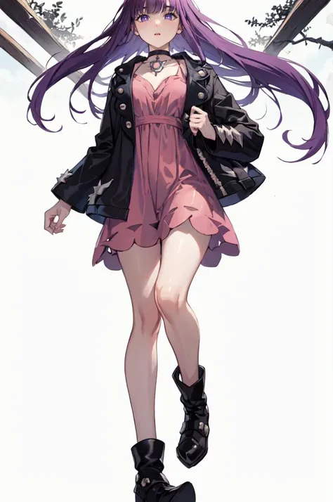<lora:marnie_outfit-04:1> marnie_outfit, dress, pink dress, jacket, black jacket, open jacket, boots, ankle boots, black footwear, choker, black choker, collar,  <lora:CHAR-Fern:1> FernFrieren, very long hair, purple eyes, (purple pupils),, absurdres, ultra detailed, masterpiece, best quality, aesthetic, detailed,