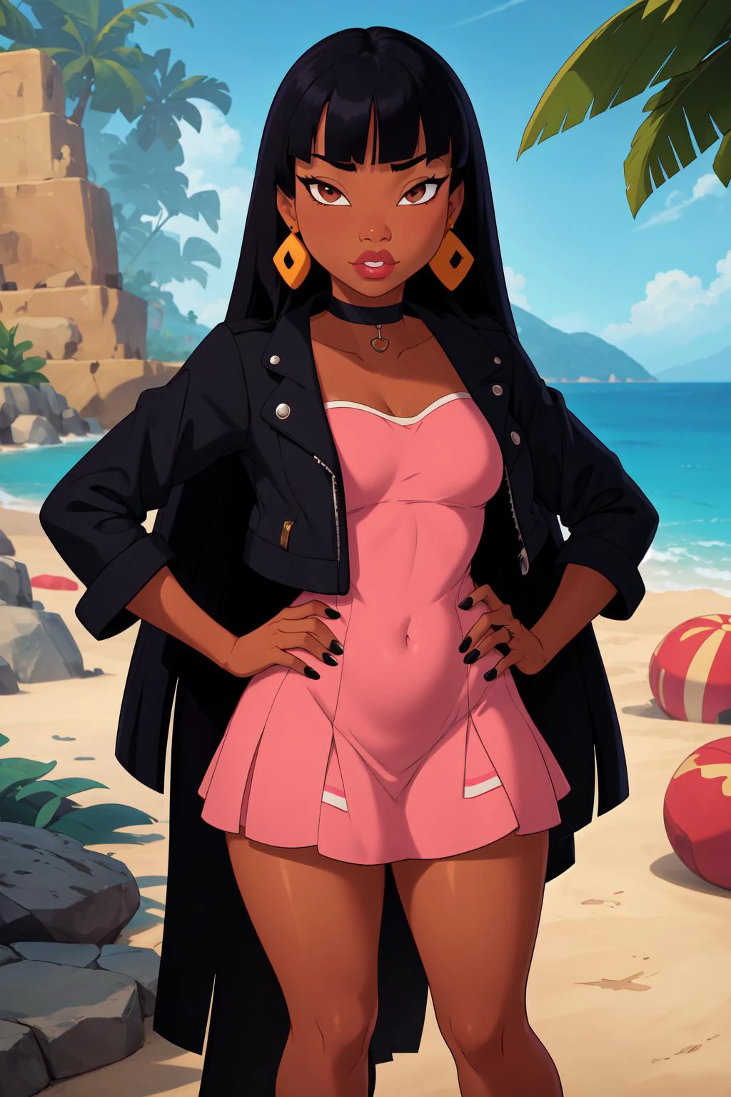 (masterpiece, best quality:1.2), 1girl, solo, chel_eldorado, looking at viewer, cartoon, disney style, standing, absurdly long hair, very long hair, bangs, (blunt bangs:1.1), lips, wide eyes, small breasts, black hair, brown eyes, very long hair, hand on own hip, peace sign, (black nails:0.8), earrings, dark-skinned female, outdoors, beach, (detailed, highres:1.2), <lora:Function_Skin.Tone.Slider:1> <lora:Character_The.Road.to.El.Dorado_Chel:0.8> <lora:Function_Better.Hands:1> <lora:Function_Squeezer:0.3> <lora:Outfit_Marnie.Costume:0.4> dress, pink dress, jacket, black jacket, open jacket, choker, black choker, collar <lora:Function_Hair.Length.Slider:1.5> <lora:Style_Pear:0.3>