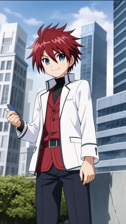 erio mondial, 1boy, jacket, white jacket,
close-up, smile, city, skyscraper,
<lora:nanoha-strikers-erio-mondial:0.8>