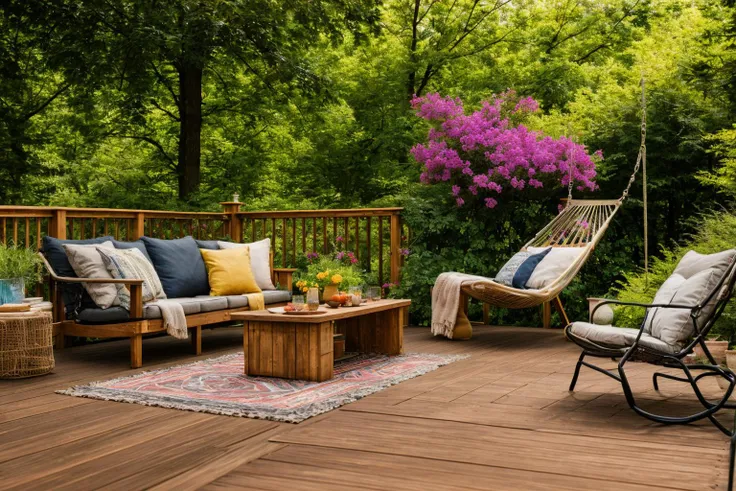 Dive into the world of Photography, capturing the essence of a wooden deck with a hammock chair and a couch in the middle, surrounded by a burst of summer vibrancy. Through the lens of a 35mm camera, inspired by the techniques of Christian Hilfgott Brand, the scene unfolds with an arts and crafts movement touch. The deck is bathed in warm sunlight, casting gentle shadows. The flowers around the deck sway gently, adding a touch of summer breeze. The color temperature is warm, with no facial expressions to capture. The lighting is soft and natural, creating a serene and inviting atmosphere. <lora:lora_garden_architecture_Exterior_SDlife_Chiasedamme_V1.0:0.6>