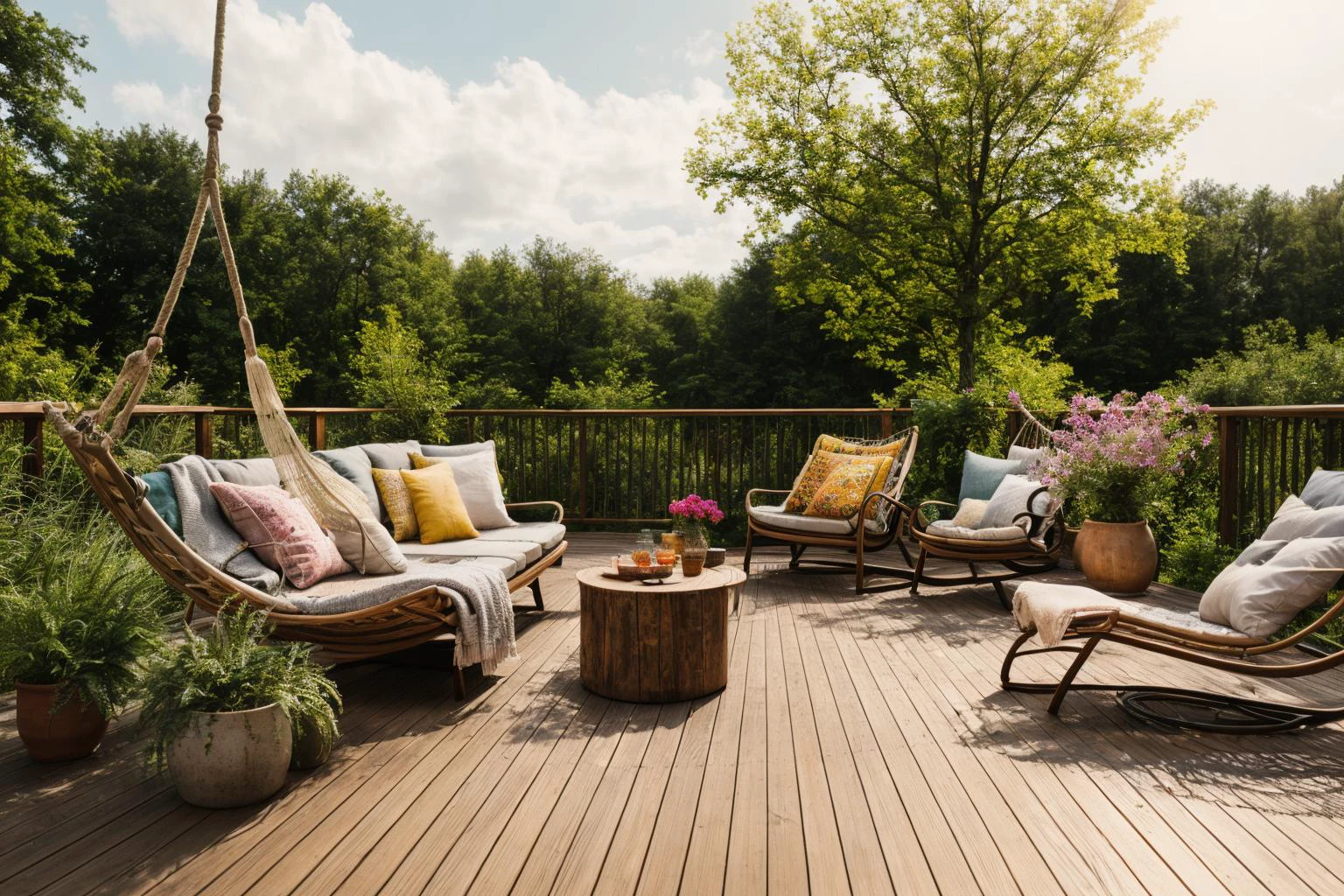Dive into the world of Photography, capturing the essence of a wooden deck with a hammock chair and a couch in the middle, surrounded by a burst of summer vibrancy. Through the lens of a 35mm camera, inspired by the techniques of Christian Hilfgott Brand, the scene unfolds with an arts and crafts movement touch. The deck is bathed in warm sunlight, casting gentle shadows. The flowers around the deck sway gently, adding a touch of summer breeze. The color temperature is warm, with no facial expressions to capture. The lighting is soft and natural, creating a serene and inviting atmosphere. <lora:lora_garden_architecture_Exterior_SDlife_Chiasedamme_V1.0:0.6>