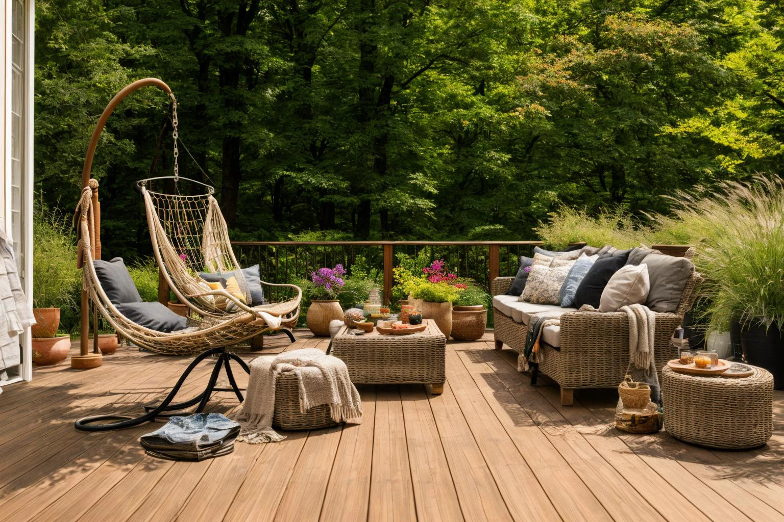 Dive into the world of Photography, capturing the essence of a wooden deck with a hammock chair and a couch in the middle, surrounded by a burst of summer vibrancy. Through the lens of a 35mm camera, inspired by the techniques of Christian Hilfgott Brand, the scene unfolds with an arts and crafts movement touch. The deck is bathed in warm sunlight, casting gentle shadows. The flowers around the deck sway gently, adding a touch of summer breeze. The color temperature is warm, with no facial expressions to capture. The lighting is soft and natural, creating a serene and inviting atmosphere. <lora:lora_garden_architecture_Exterior_SDlife_Chiasedamme_V1.0:0.6>