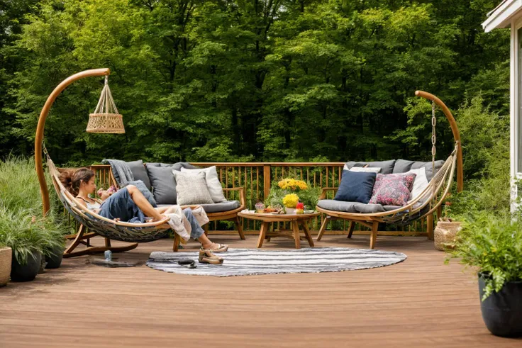 Dive into the world of Photography, capturing the essence of a wooden deck with a hammock chair and a couch in the middle, surrounded by a burst of summer vibrancy. Through the lens of a 35mm camera, inspired by the techniques of Christian Hilfgott Brand, the scene unfolds with an arts and crafts movement touch. The deck is bathed in warm sunlight, casting gentle shadows. The flowers around the deck sway gently, adding a touch of summer breeze. The color temperature is warm, with no facial expressions to capture. The lighting is soft and natural, creating a serene and inviting atmosphere.  <lora:lora_garden_architecture_Exterior_SDlife_Chiasedamme_V1.0:0.6>