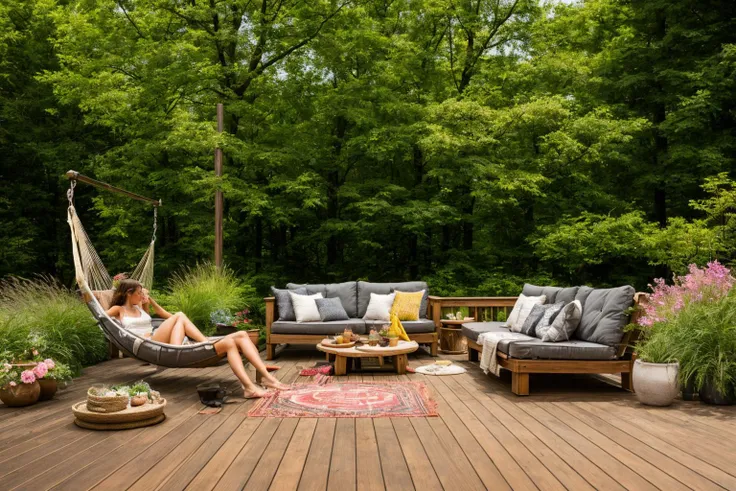Dive into the world of Photography, capturing the essence of a wooden deck with a hammock chair and a couch in the middle, surrounded by a burst of summer vibrancy. Through the lens of a 35mm camera, inspired by the techniques of Christian Hilfgott Brand, the scene unfolds with an arts and crafts movement touch. The deck is bathed in warm sunlight, casting gentle shadows. The flowers around the deck sway gently, adding a touch of summer breeze. The color temperature is warm, with no facial expressions to capture. The lighting is soft and natural, creating a serene and inviting atmosphere.  <lora:lora_garden_architecture_Exterior_SDlife_Chiasedamme_V1.0:0.6>