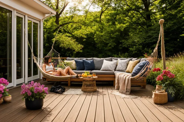 Dive into the world of Photography, capturing the essence of a wooden deck with a hammock chair and a couch in the middle, surrounded by a burst of summer vibrancy. Through the lens of a 35mm camera, inspired by the techniques of Christian Hilfgott Brand, the scene unfolds with an arts and crafts movement touch. The deck is bathed in warm sunlight, casting gentle shadows. The flowers around the deck sway gently, adding a touch of summer breeze. The color temperature is warm, with no facial expressions to capture. The lighting is soft and natural, creating a serene and inviting atmosphere. <lora:lora_garden_architecture_Exterior_SDlife_Chiasedamme_V1.0:0.6>