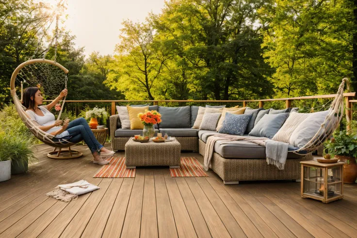 Dive into the world of Photography, capturing the essence of a wooden deck with a hammock chair and a couch in the middle, surrounded by a burst of summer vibrancy. Through the lens of a 35mm camera, inspired by the techniques of Christian Hilfgott Brand, the scene unfolds with an arts and crafts movement touch. The deck is bathed in warm sunlight, casting gentle shadows. The flowers around the deck sway gently, adding a touch of summer breeze. The color temperature is warm, with no facial expressions to capture. The lighting is soft and natural, creating a serene and inviting atmosphere.  <lora:lora_garden_architecture_Exterior_SDlife_Chiasedamme_V1.0:0.6>