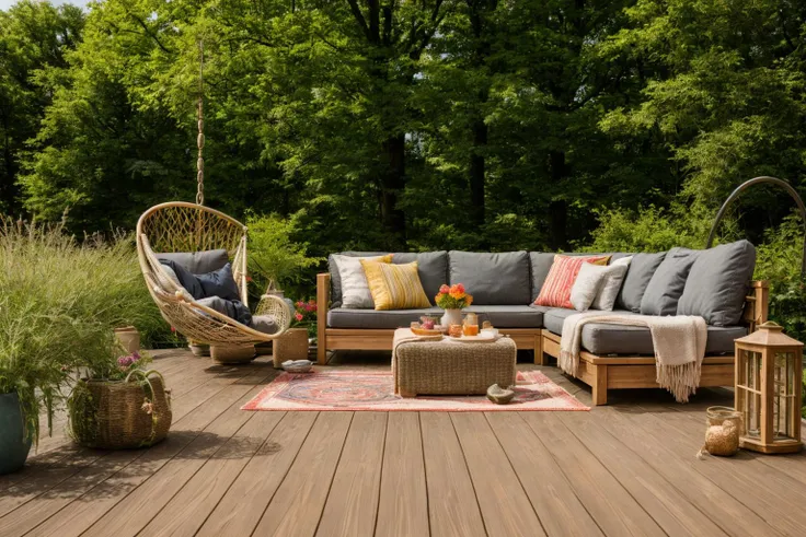 Dive into the world of Photography, capturing the essence of a wooden deck with a hammock chair and a couch in the middle, surrounded by a burst of summer vibrancy. Through the lens of a 35mm camera, inspired by the techniques of Christian Hilfgott Brand, the scene unfolds with an arts and crafts movement touch. The deck is bathed in warm sunlight, casting gentle shadows. The flowers around the deck sway gently, adding a touch of summer breeze. The color temperature is warm, with no facial expressions to capture. The lighting is soft and natural, creating a serene and inviting atmosphere. <lora:lora_garden_architecture_Exterior_SDlife_Chiasedamme_V1.0:0.6>