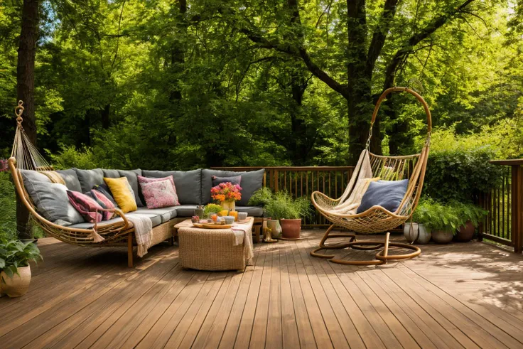 Dive into the world of Photography, capturing the essence of a wooden deck with a hammock chair and a couch in the middle, surrounded by a burst of summer vibrancy. Through the lens of a 35mm camera, inspired by the techniques of Christian Hilfgott Brand, the scene unfolds with an arts and crafts movement touch. The deck is bathed in warm sunlight, casting gentle shadows. The flowers around the deck sway gently, adding a touch of summer breeze. The color temperature is warm, with no facial expressions to capture. The lighting is soft and natural, creating a serene and inviting atmosphere. <lora:lora_garden_architecture_Exterior_SDlife_Chiasedamme_V1.0:0.6>
