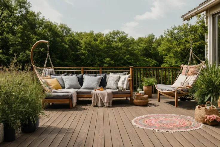Dive into the world of Photography, capturing the essence of a wooden deck with a hammock chair and a couch in the middle, surrounded by a burst of summer vibrancy. Through the lens of a 35mm camera, inspired by the techniques of Christian Hilfgott Brand, the scene unfolds with an arts and crafts movement touch. The deck is bathed in warm sunlight, casting gentle shadows. The flowers around the deck sway gently, adding a touch of summer breeze. The color temperature is warm, with no facial expressions to capture. The lighting is soft and natural, creating a serene and inviting atmosphere.  <lora:lora_garden_architecture_Exterior_SDlife_Chiasedamme_V1.0:0.6>