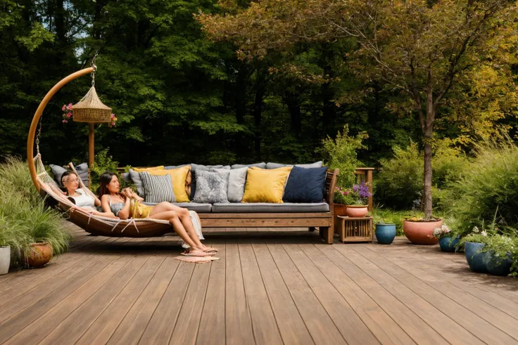 Dive into the world of Photography, capturing the essence of a wooden deck with a hammock chair and a couch in the middle, surrounded by a burst of summer vibrancy. Through the lens of a 35mm camera, inspired by the techniques of Christian Hilfgott Brand, the scene unfolds with an arts and crafts movement touch. The deck is bathed in warm sunlight, casting gentle shadows. The flowers around the deck sway gently, adding a touch of summer breeze. The color temperature is warm, with no facial expressions to capture. The lighting is soft and natural, creating a serene and inviting atmosphere. <lora:lora_garden_architecture_Exterior_SDlife_Chiasedamme_V1.0:0.6>