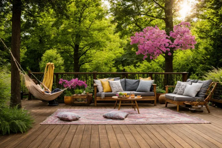 Dive into the world of Photography, capturing the essence of a wooden deck with a hammock chair and a couch in the middle, surrounded by a burst of summer vibrancy. Through the lens of a 35mm camera, inspired by the techniques of Christian Hilfgott Brand, the scene unfolds with an arts and crafts movement touch. The deck is bathed in warm sunlight, casting gentle shadows. The flowers around the deck sway gently, adding a touch of summer breeze. The color temperature is warm, with no facial expressions to capture. The lighting is soft and natural, creating a serene and inviting atmosphere.  <lora:lora_garden_architecture_Exterior_SDlife_Chiasedamme_V1.0:0.6>