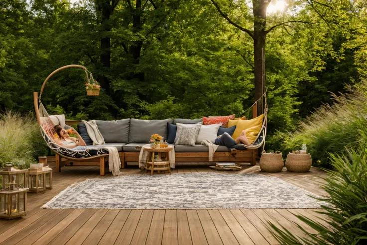 Dive into the world of Photography, capturing the essence of a wooden deck with a hammock chair and a couch in the middle, surrounded by a burst of summer vibrancy. Through the lens of a 35mm camera, inspired by the techniques of Christian Hilfgott Brand, the scene unfolds with an arts and crafts movement touch. The deck is bathed in warm sunlight, casting gentle shadows. The flowers around the deck sway gently, adding a touch of summer breeze. The color temperature is warm, with no facial expressions to capture. The lighting is soft and natural, creating a serene and inviting atmosphere. <lora:lora_garden_architecture_Exterior_SDlife_Chiasedamme_V1.0:0.6>