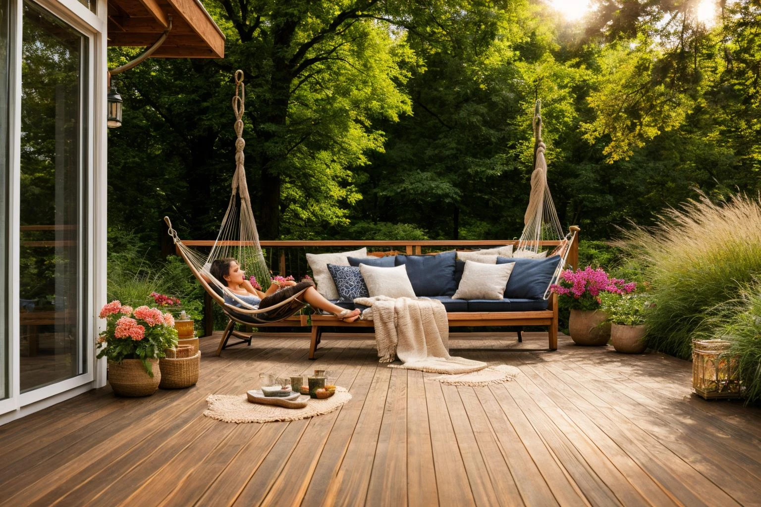 Dive into the world of Photography, capturing the essence of a wooden deck with a hammock chair and a couch in the middle, surrounded by a burst of summer vibrancy. Through the lens of a 35mm camera, inspired by the techniques of Christian Hilfgott Brand, the scene unfolds with an arts and crafts movement touch. The deck is bathed in warm sunlight, casting gentle shadows. The flowers around the deck sway gently, adding a touch of summer breeze. The color temperature is warm, with no facial expressions to capture. The lighting is soft and natural, creating a serene and inviting atmosphere. <lora:lora_garden_architecture_Exterior_SDlife_Chiasedamme_V1.0:0.6>