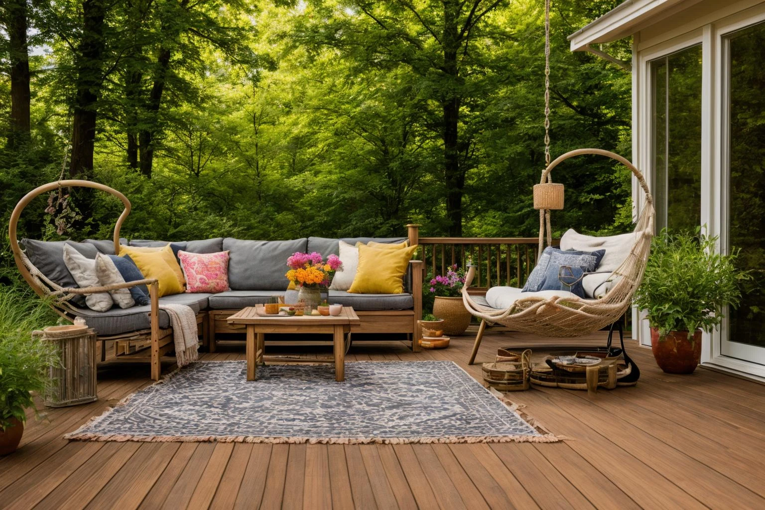 Dive into the world of Photography, capturing the essence of a wooden deck with a hammock chair and a couch in the middle, surrounded by a burst of summer vibrancy. Through the lens of a 35mm camera, inspired by the techniques of Christian Hilfgott Brand, the scene unfolds with an arts and crafts movement touch. The deck is bathed in warm sunlight, casting gentle shadows. The flowers around the deck sway gently, adding a touch of summer breeze. The color temperature is warm, with no facial expressions to capture. The lighting is soft and natural, creating a serene and inviting atmosphere. <lora:lora_garden_architecture_Exterior_SDlife_Chiasedamme_V1.0:0.6>