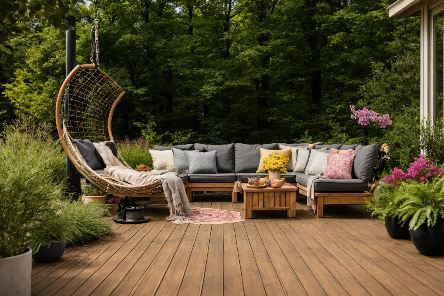 Dive into the world of Photography, capturing the essence of a wooden deck with a hammock chair and a couch in the middle, surrounded by a burst of summer vibrancy. Through the lens of a 35mm camera, inspired by the techniques of Christian Hilfgott Brand, the scene unfolds with an arts and crafts movement touch. The deck is bathed in warm sunlight, casting gentle shadows. The flowers around the deck sway gently, adding a touch of summer breeze. The color temperature is warm, with no facial expressions to capture. The lighting is soft and natural, creating a serene and inviting atmosphere. <lora:lora_garden_architecture_Exterior_SDlife_Chiasedamme_V1.0:0.6>