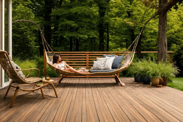 Dive into the world of Photography, capturing the essence of a wooden deck with a hammock chair and a couch in the middle, surrounded by a burst of summer vibrancy. Through the lens of a 35mm camera, inspired by the techniques of Christian Hilfgott Brand, the scene unfolds with an arts and crafts movement touch. The deck is bathed in warm sunlight, casting gentle shadows. The flowers around the deck sway gently, adding a touch of summer breeze. The color temperature is warm, with no facial expressions to capture. The lighting is soft and natural, creating a serene and inviting atmosphere. <lora:lora_garden_architecture_Exterior_SDlife_Chiasedamme_V1.0:0.6>