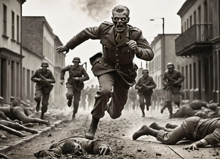 (zombie:1.2),((vintage photo), black and white, sepia, desaturated, vignette, faded, worn, weathered, monochrome), Cluttered, grim faced soldier leaping amid explosions, world war 2, running from zombie Nazis, machine guns, natural skin, detailed face, grimy, subdued, flying dirt, dark shadows, high contrast, cinematic, ultra detailed, (intricate), professional, (film grain, grainy) <lora:ZombiePortraitXL_v1:0.8> <lora:add-detail-xl:0.5>