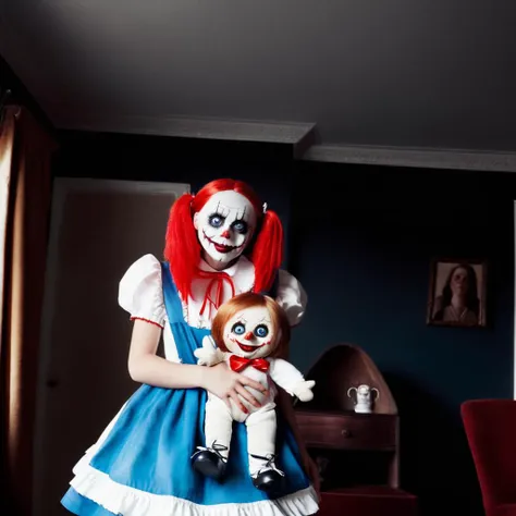 <lora:add-detail-xl:0.8> Creepy girl with ghost like features holding a creepy raggedy Ann doll, haunted house background, redrum, dolly kei, fullbody, perfect eyes, perfect features, perfect hands, perfect body, 128k, 1080p, cinematic quality, cinematic lighting, voodoo, sinister, diabolical, testp, stunningly beautiful, maxim, hyper realistic details, lEICA SL2 50mm F 1. 4 kit, mirrorless lens, <lora:neonhorror_v1:1> <lora:ZombiePortraitXL_v1:1> <lora:style-gothic-horror:1>