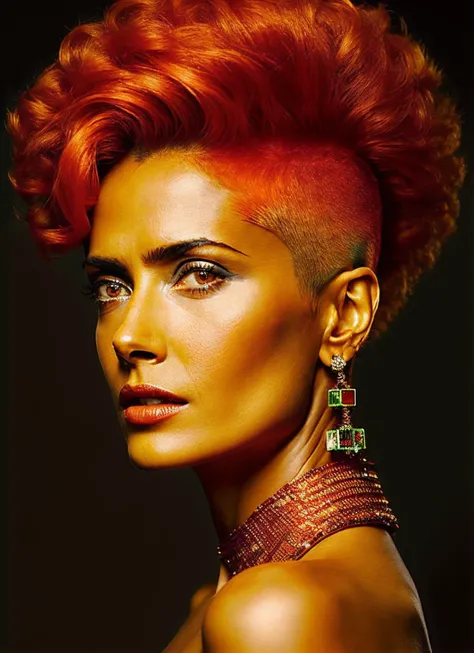 portrait of sks woman by Flora Borsi, style by Flora Borsi, bold, bright colours, orange Mohawk haircut, ((Flora Borsi)), <lora:locon_salma_v1_from_v1_64_32:1.3>