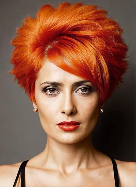 portrait of sks woman by Flora Borsi, style by Flora Borsi, bold, bright colours, orange Mohawk haircut, ((Flora Borsi)), <lora:locon_salma_v1_from_v1_64_32:1.3>