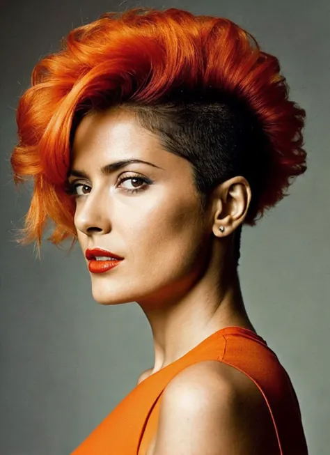 analog style, modelshoot style, portrait of sks woman by Flora Borsi, style by Flora Borsi, bold, bright colours, orange Mohawk haircut, ((Flora Borsi)), <lora:locon_salma_v1_from_v1_64_32:1.3>